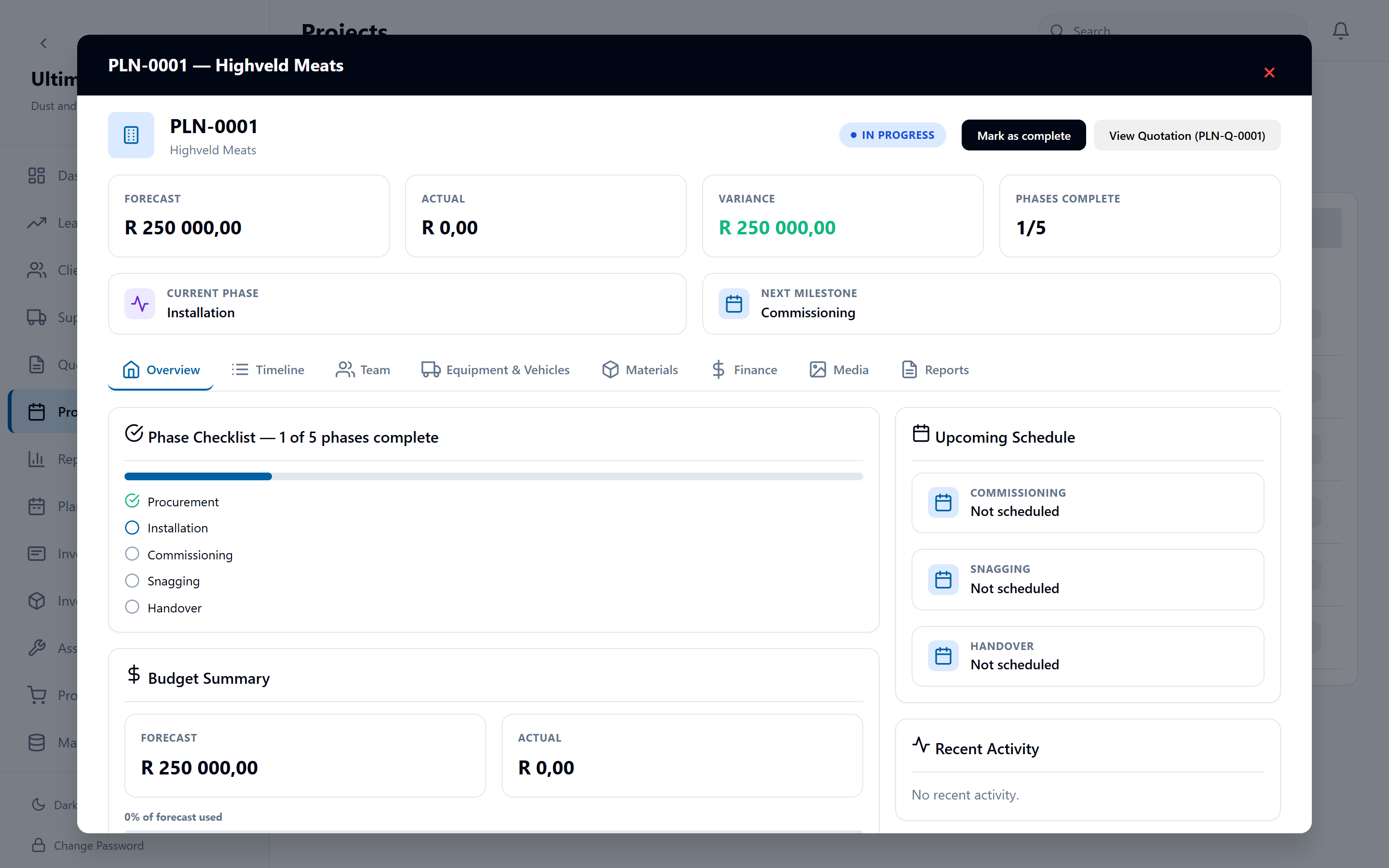 Project detail — Phase checklist, schedule and budget in one view.