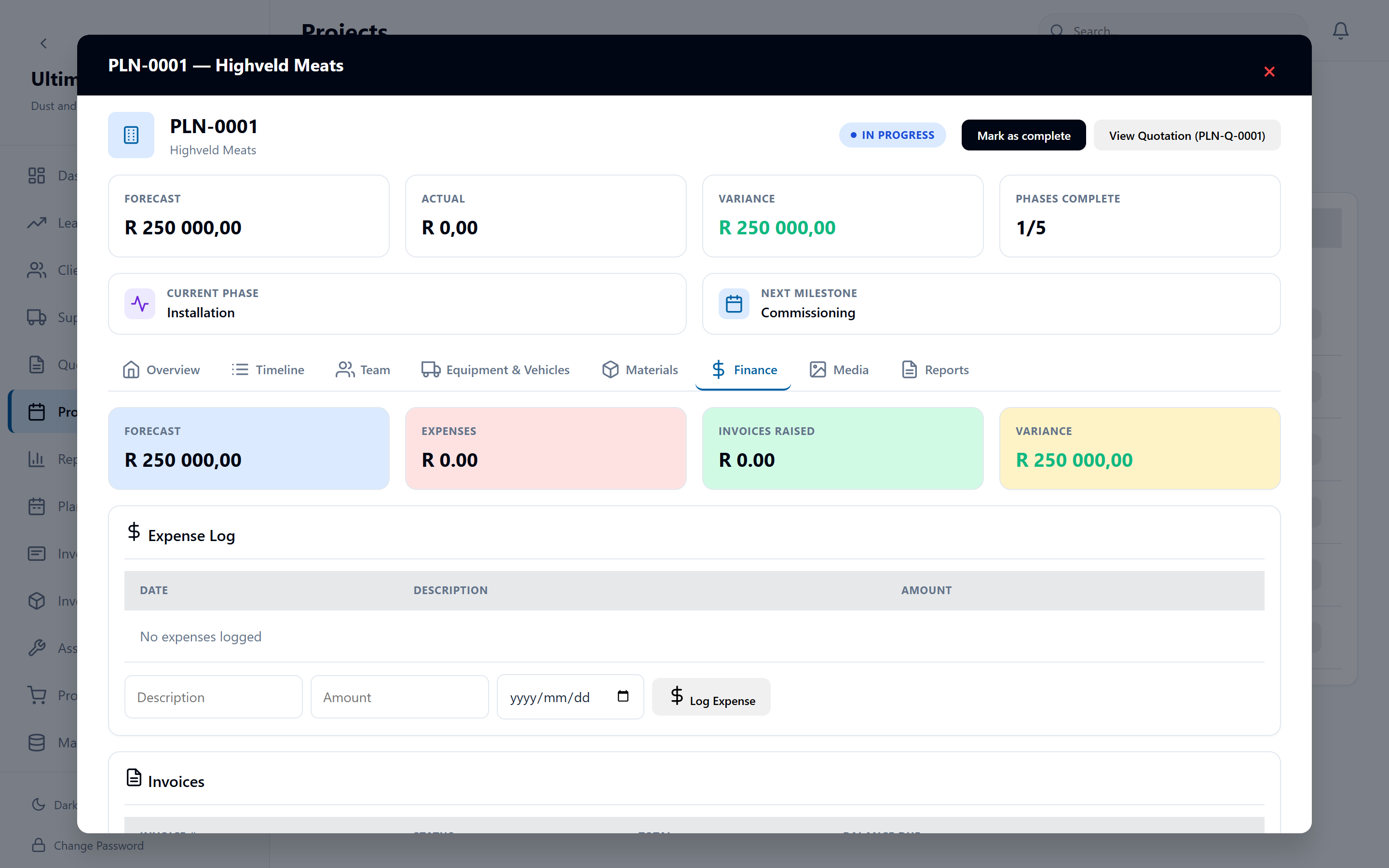 Job finance — Expenses, invoices raised and variance per job.